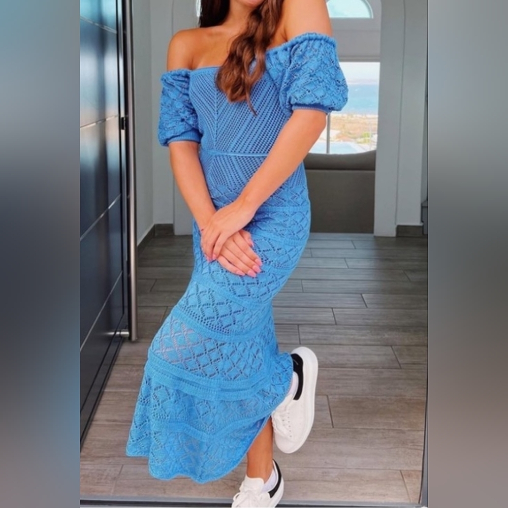 Aqua Women's Crochet Blue Dress Puff Sleeve Midi Bohemian Feminine Cottagecore M